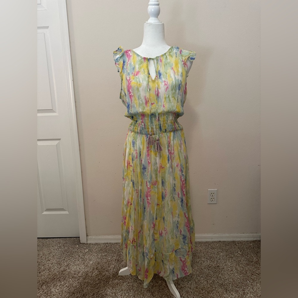NWT Anthropologie Watercolor Maxi Dress Sz 12P Vacation Spring Garden Pastel